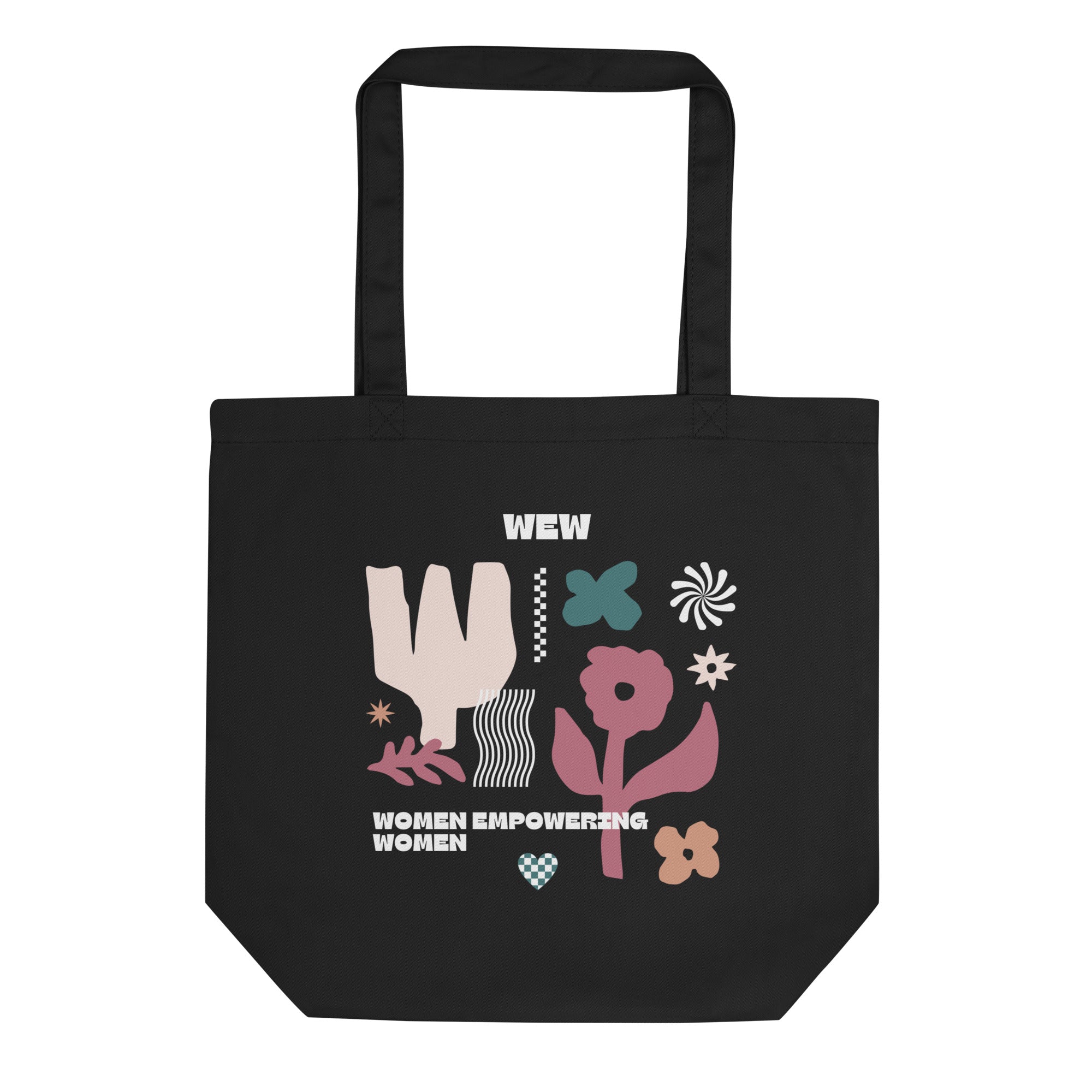 Organic Cotton black tote bag against a white background. Tote bag has various green and pink flowers and the phrase women empowering women