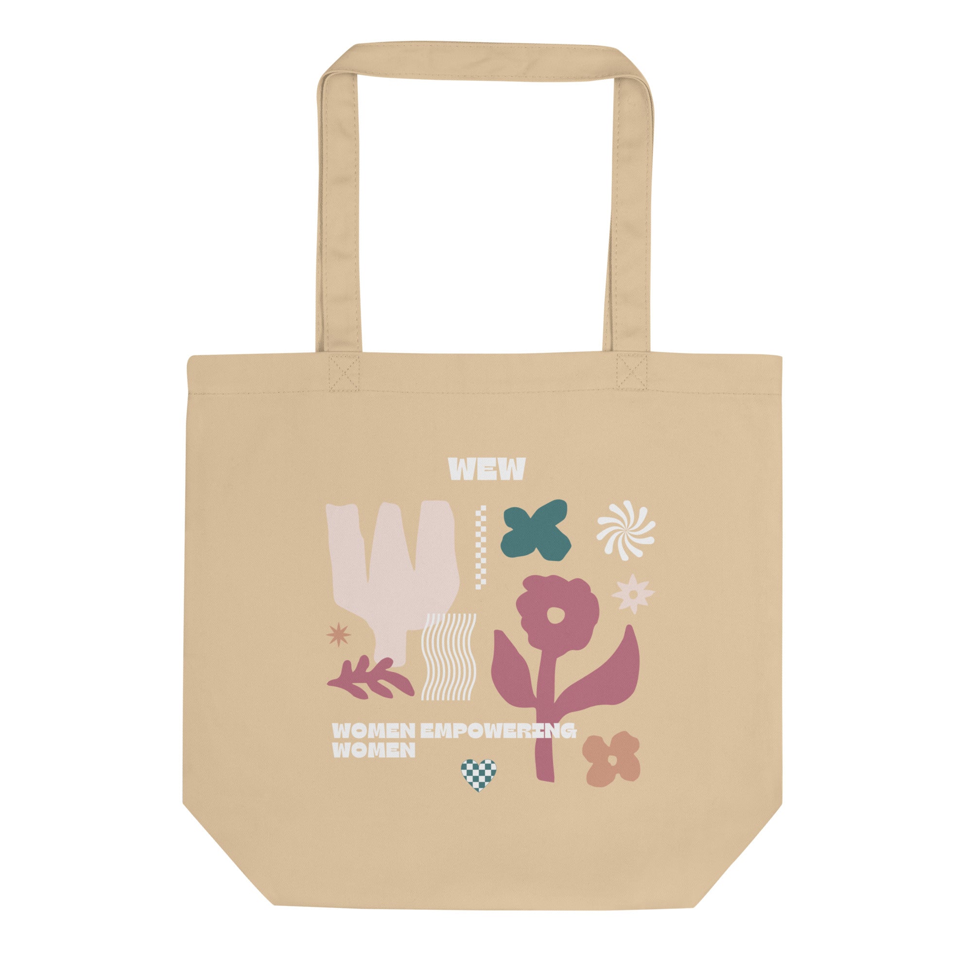 organic oyster colored cotton tote bag against white background. the cream colored tote bag has pink and green flowers along with the phrase women empowering women