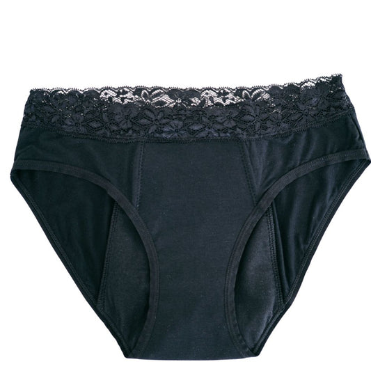 Black period panty with lace on top laying flat on white background